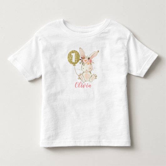 Girls Floral Bunny First Birthday T-Shirt (Voorkant)