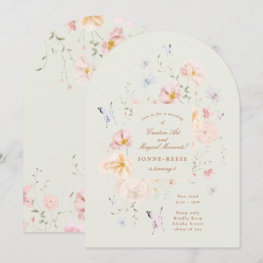 Girls Floral Butterfly Sage Arch Birthday Party Kaart (Voorkant / Achterkant)