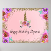 Girls Floral Gold Glitter Unicorn Birthday Banner Poster (Voorkant)