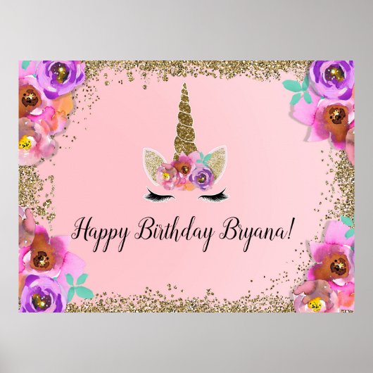Girls Floral Gold Glitter Unicorn Birthday Banner Poster (Voorkant)
