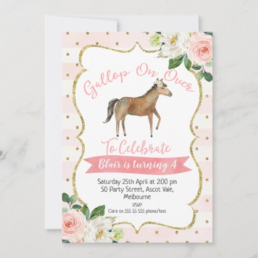 Girls Floral Horse Birthday Invitation Kaart (Voorkant)