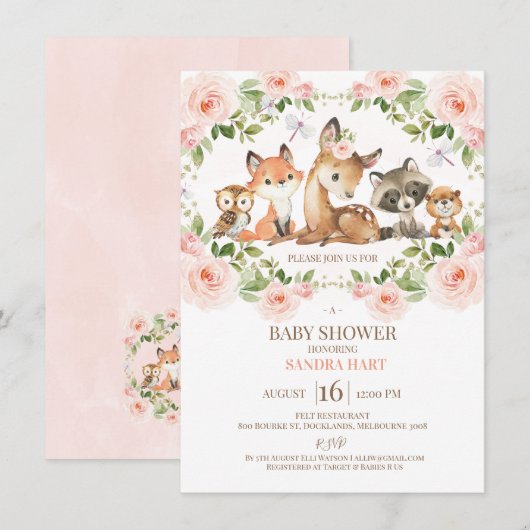 Girls Floral Lijst Woodland Baby shower Kaart (Voorkant / Achterkant)