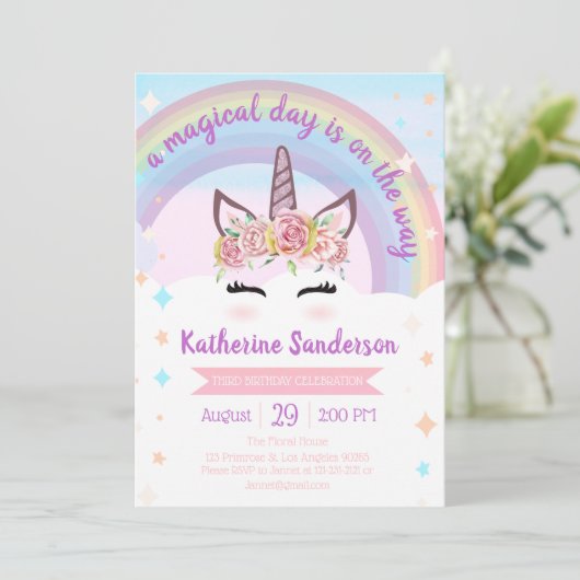 Girls Floral Magical Unicorn Face Rainbow Birthday Kaart (Staand voorkant)