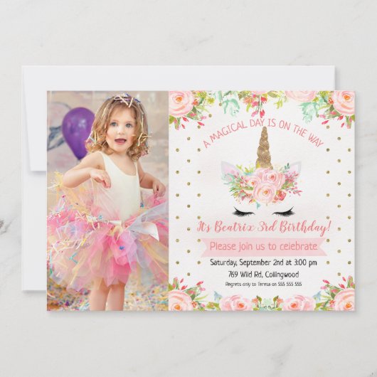 Girls Floral Unicorn Birthday Invitation Kaart (Voorkant)
