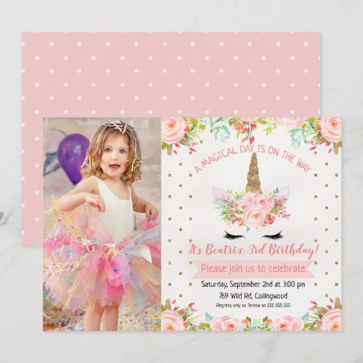 Girls Floral Unicorn Birthday Invitation Kaart (Voorkant / Achterkant)