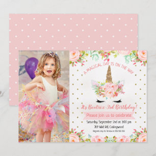 Girls Floral Unicorn Birthday Invitation Kaart