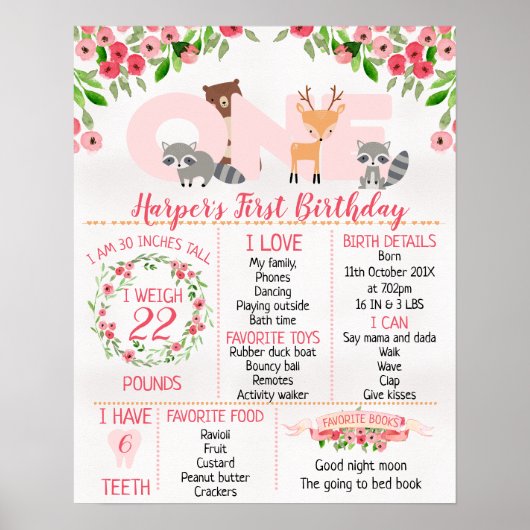 Girls Floral Woodland1st Birthday Milestone Poster (Voorkant)