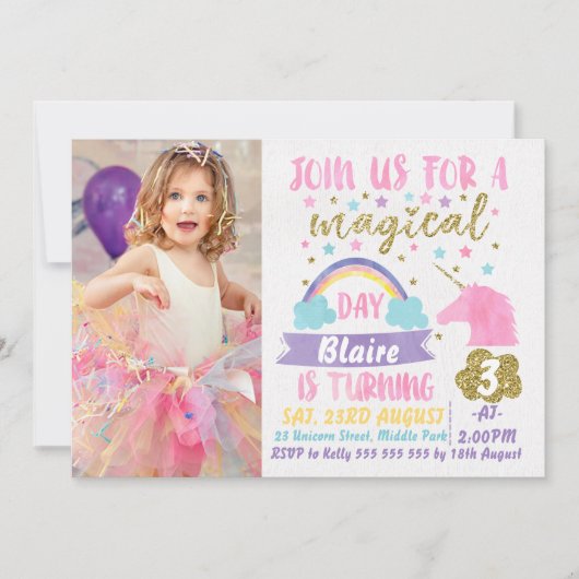 Girls Foto Waterverf Unicorn Birthday Uitnodiging (Voorkant)