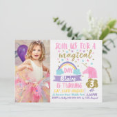 Girls Foto Waterverf Unicorn Birthday Uitnodiging (Staand voorkant)