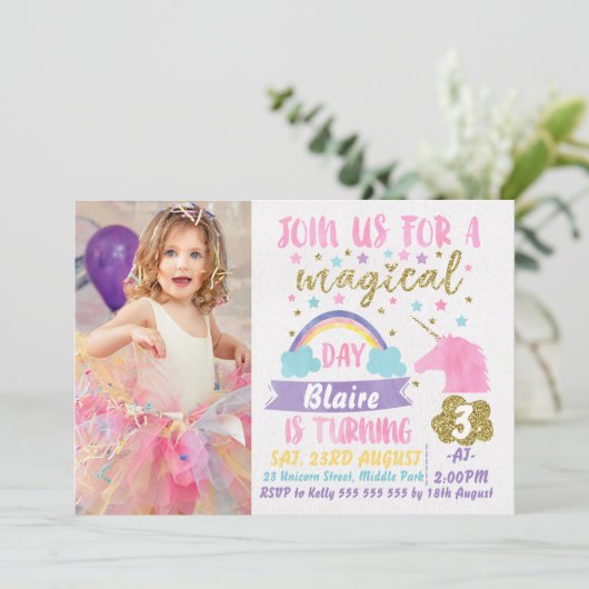 Girls Foto Waterverf Unicorn Birthday Uitnodiging (Staand voorkant)