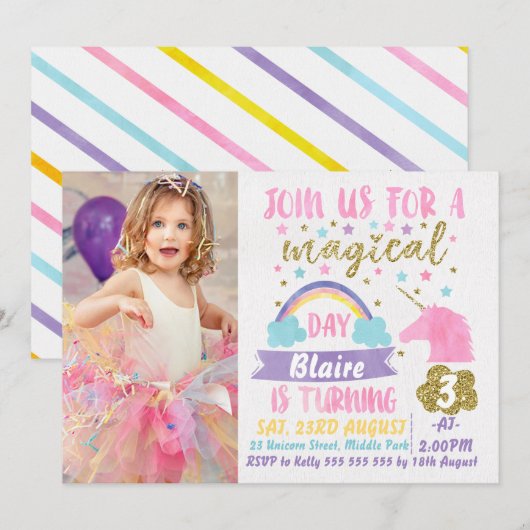 Girls Foto Waterverf Unicorn Birthday Uitnodiging (Voorkant / Achterkant)