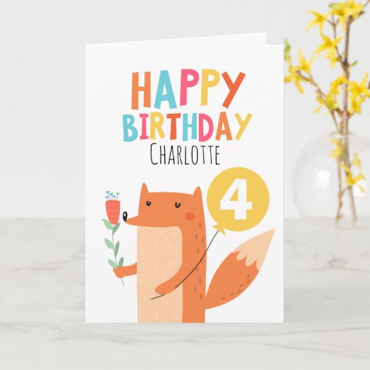 Girls Fox Birthday Card Kaart (Gele Bloem)