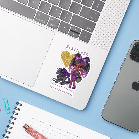 Girls Friend Gift Black Unicorn Besticorn Magical Sticker (Laptop met iPhone)