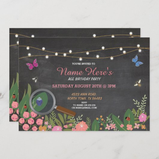 Girl's Garden Bug Hunt Butterfly Verjaardag Uitnod Kaart (Voorkant / Achterkant)