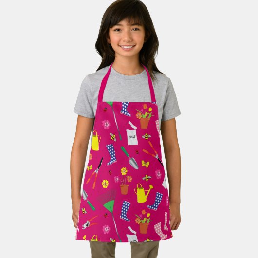 Girls Gardening Pattern op Roze Apron Schort (Insitu)