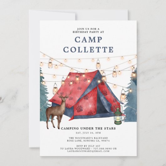 Girls Glamping Camping Birthday Party Invitation Kaart (Voorkant)