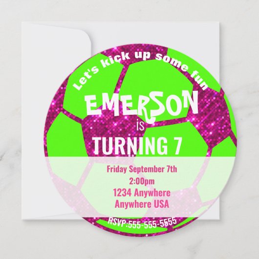 Girls Glitter Voetbal Birthday, Pink Neon Kaart (Voorkant)