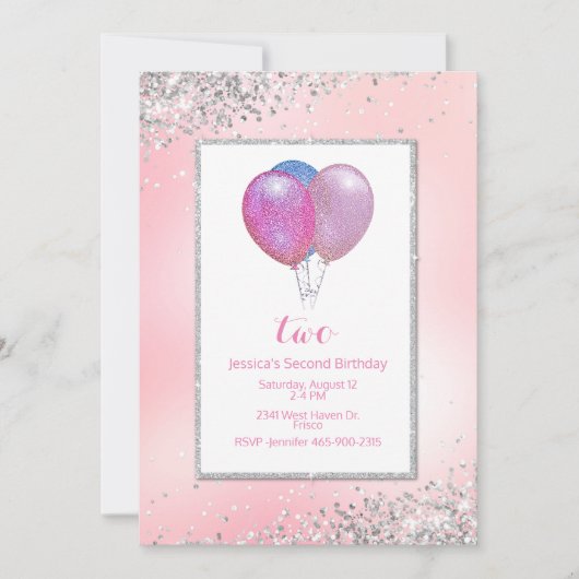 Girls Glittery Balloons Birthday Kaart (Voorkant)