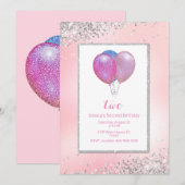 Girls Glittery Balloons Birthday Kaart (Voorkant / Achterkant)
