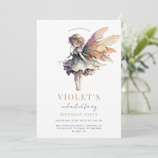 Girl's Gold Fairy Birthday Party Kaart (Staand voorkant)