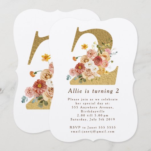 Girls Gold Floral 2e verjaardag Kaart (Voorkant / Achterkant)