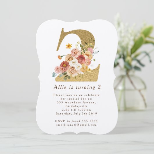 Girls Gold Floral 2e verjaardag Kaart (Staand voorkant)
