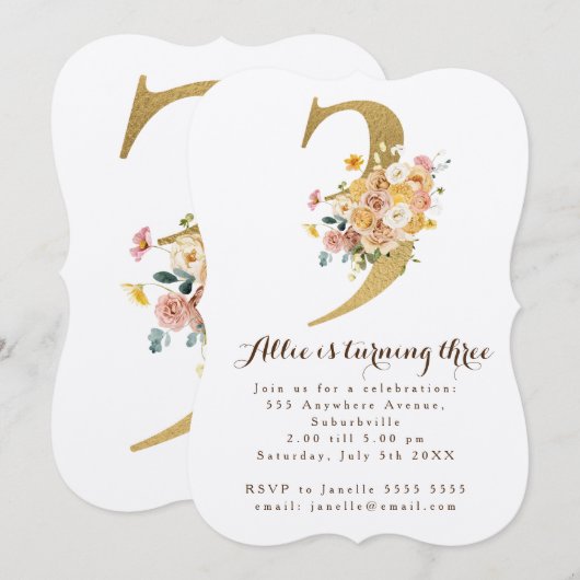 Girls Gold Floral 3rd Birthday Number 3 Party Kaart (Voorkant / Achterkant)