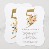 Girls Gold Floral 5e vijfde verjaardag Kaart (Voorkant / Achterkant)