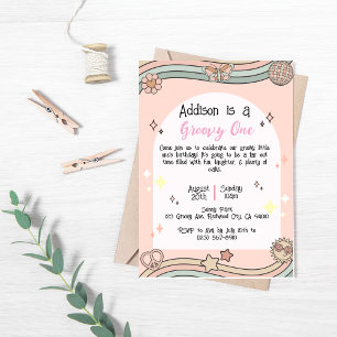 Girl's Groovy One Birthday Invitation Kaart