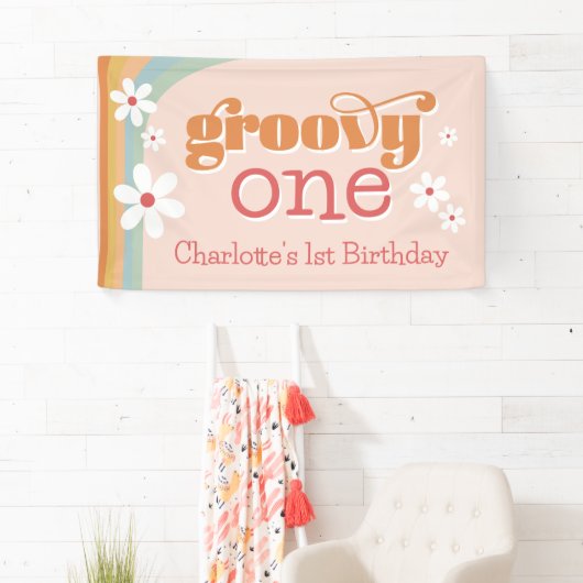 Girl's Groovy One Retro Daisies 1e verjaardag Spandoek (Insitu)