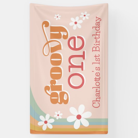 Girl's Groovy One Retro Daisies 1e verjaardag Spandoek (Verticaal)