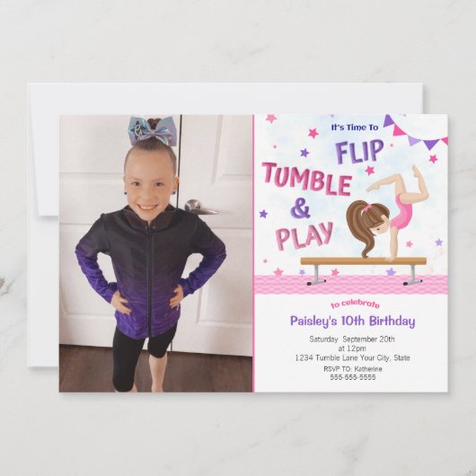 Girls Gymnastics Foto Birthday Party Invitation Kaart (Voorkant)