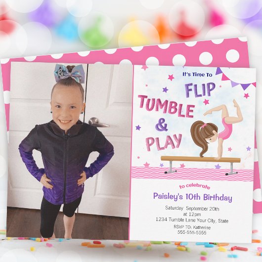 Girls Gymnastics Foto Birthday Party Invitation Kaart