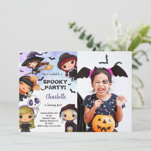 Girls Halloween Birthday-uitnodigingen met foto Kaart (Staand voorkant)