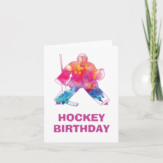 Girls Happy Birthday Hockey Goalie Pink Waterverf Kaart (Voorkant)