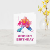 Girls Happy Birthday Hockey Goalie Pink Waterverf Kaart (Gele Bloem)