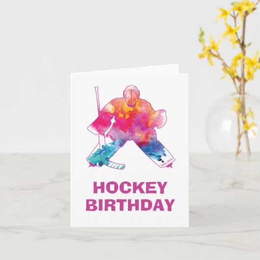 Girls Happy Birthday Hockey Goalie Pink Waterverf Kaart (Gele Bloem)