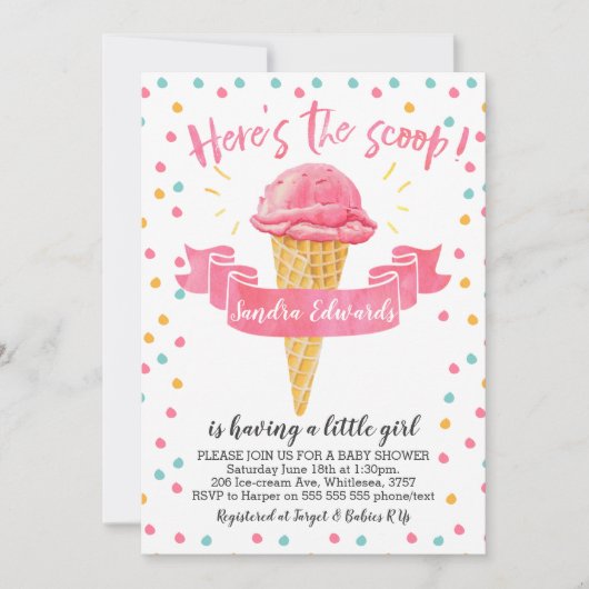 Girls Here's The Scoop Baby shower Invitation Kaart (Voorkant)