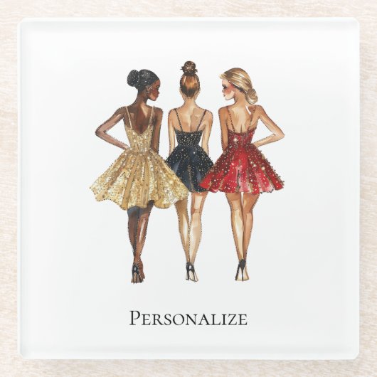 Girls in Glam Gold Black Red Dresses Glazen Onderzetter (Voorkant)