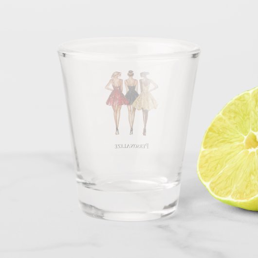 Girls in Glam Gold Black Red Dresses Shot Glas (Achterkant)