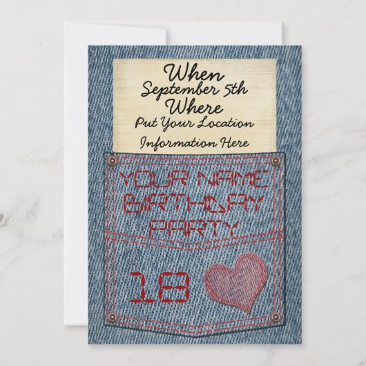 Girls Jeans Pocket Birthday Party Invitations Kaart (Achterkant)