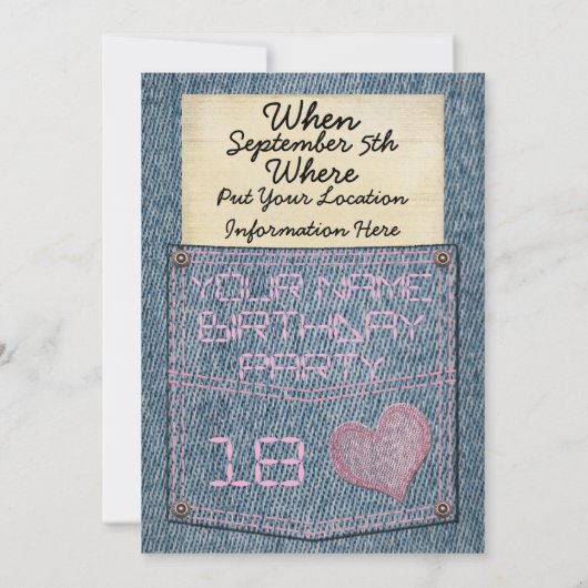 Girls Jeans Pocket Birthday Party Invitations Kaart (Achterkant)