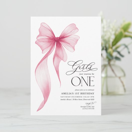 Girls just wanna be ONE 1st Birthday Pink Bow  Kaart (Staand voorkant)