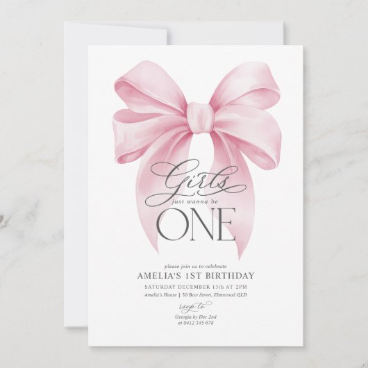 Girls just wanna be ONE 1st Birthday Pink Bow  Kaart (Voorkant)