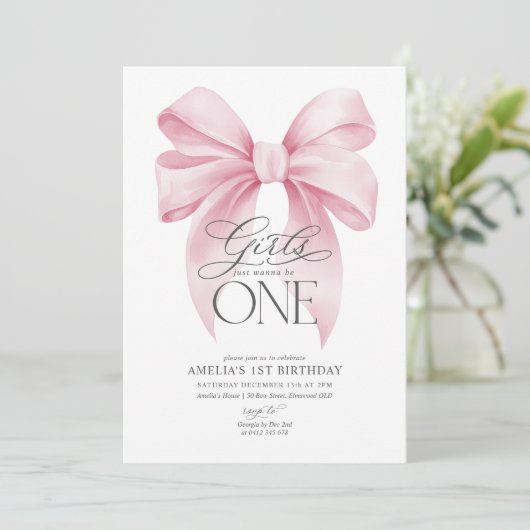 Girls just wanna be ONE 1st Birthday Pink Bow Kaart (Staand voorkant)