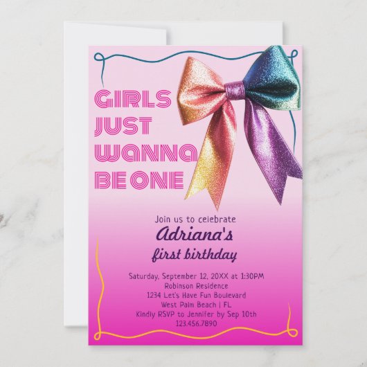 Girls Just Wanna Be One 80s 90s 1st Birthday Party Kaart (Voorkant)