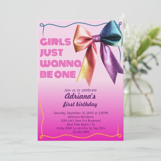 Girls Just Wanna Be One 80s 90s 1st Birthday Party Kaart (Staand voorkant)