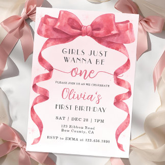 Girls Just Wanna Be One Pink Bow 1st Birthday Kaart