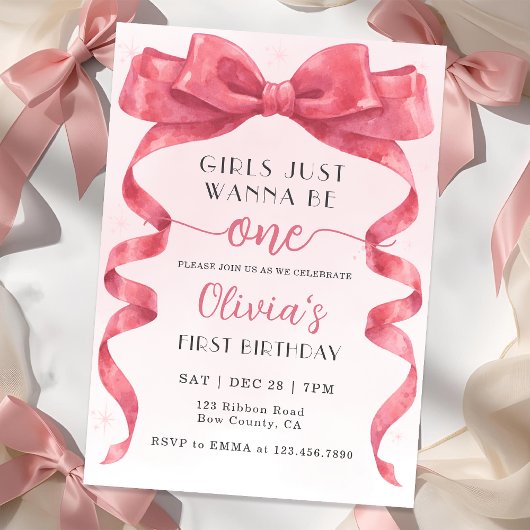 Girls Just Wanna Be One Pink Bow 1st Birthday Kaart