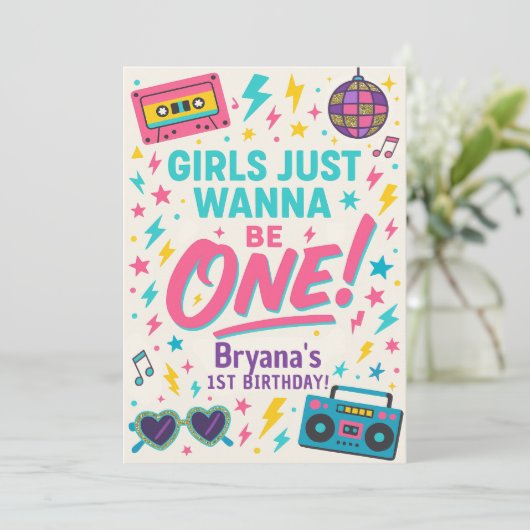 Girls just wanna be ONE Pop 1st Birthday Party Kaart (Staand voorkant)